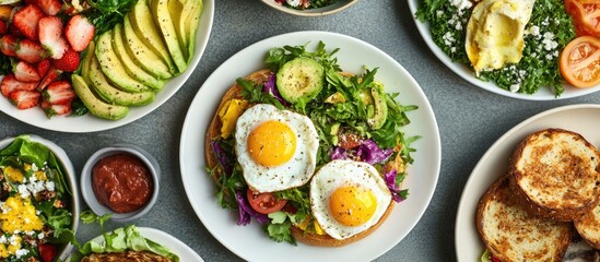 Fototapeta premium Gourmet brunch spread with avocado bagel poached eggs and vibrant salad on white dish showcasing inviting copy space for text.