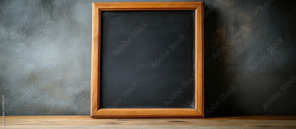 Poster Chalkboard in a wooden frame on a rustic table background providing a blank space for personalized text or messages.