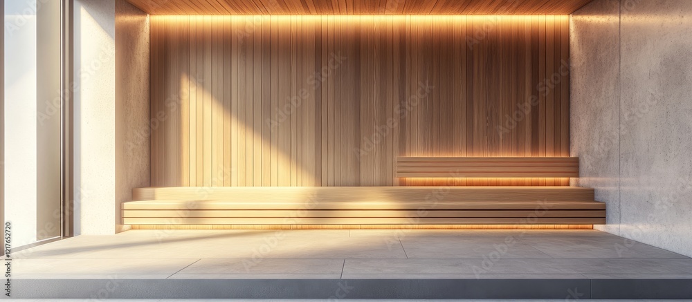 Poster modern sauna interior design featuring sleek wooden benches and walls with ambient lighting and ampl