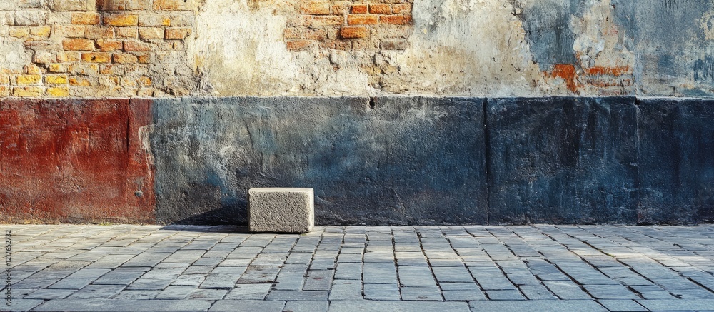Poster Street view of textured bricks with stamped mortar against a weathered wall providing ample empty space for text or graphics.