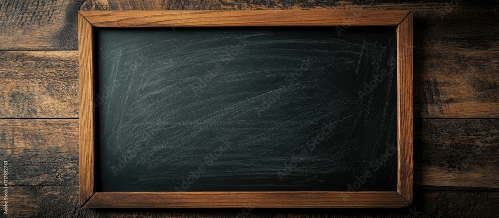 Poster Chalkboard with Welcome to My Classroom message and ample copyspace for text on a rustic wooden background in an educational setting