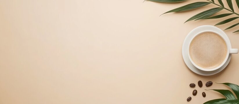 Coffee cup arrangement with coffee beans and green leaves on a beige background creating an inviting space for text or branding.