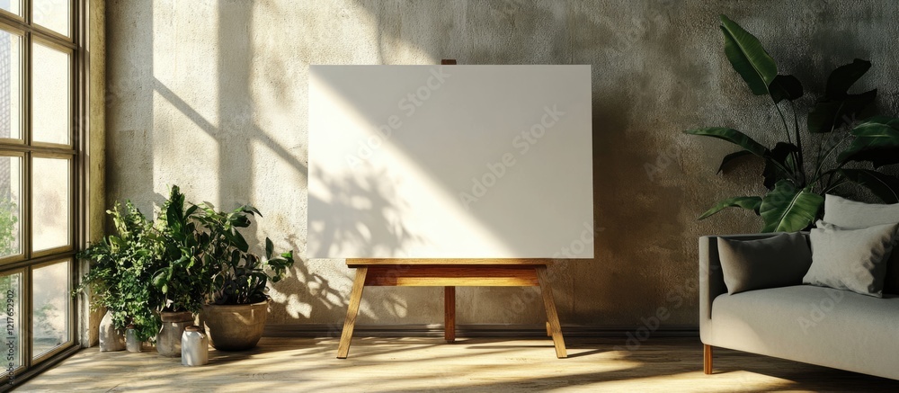 Poster bright room with wooden easel and blank canvas providing ample copyspace for text and creative desig