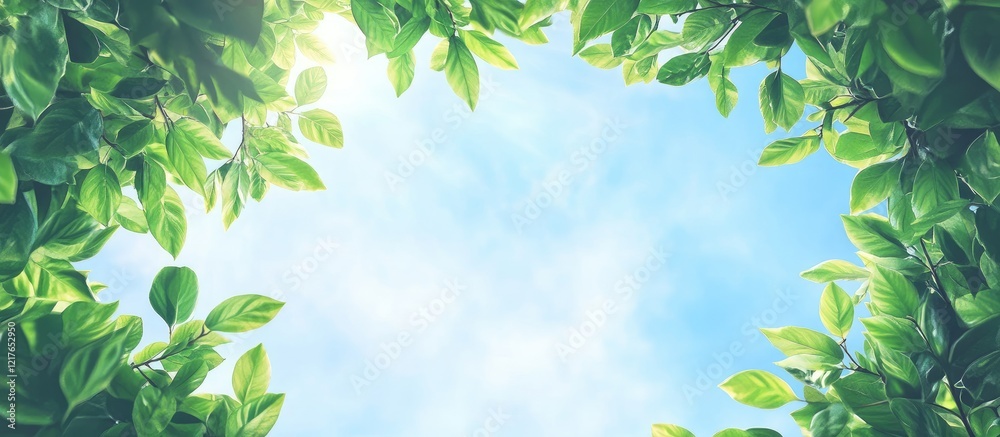 Poster Bright blue sky framed by lush green tree leaves creating an inviting space for text and design elements.