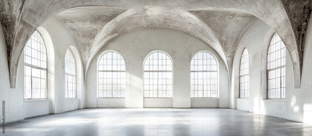 Poster Spacious and well-lit classic interior with arched ceilings and large windows providing ample empty space for text or creative design elements