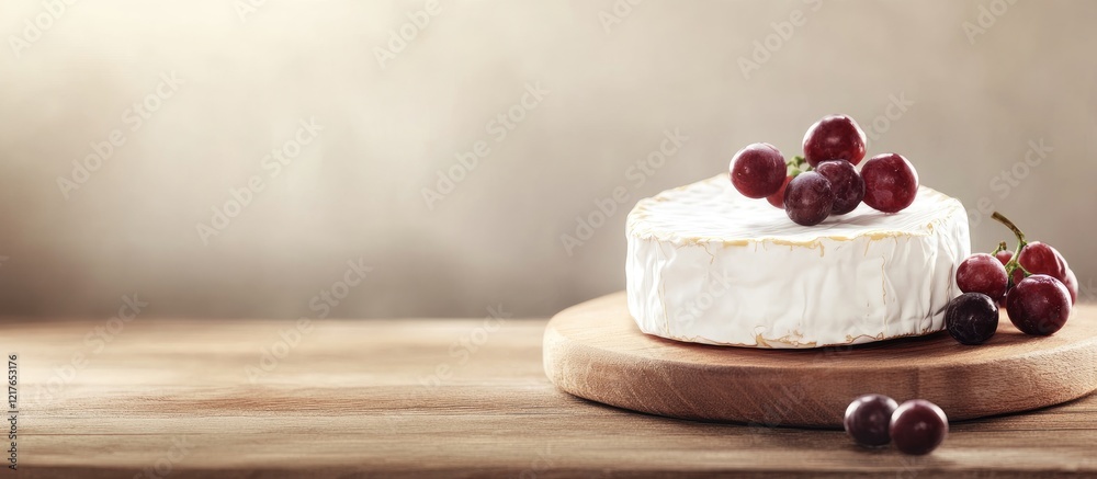 Aufkleber brie cheese on a wooden board with grapes and empty space for text showcasing gourmet food presentat