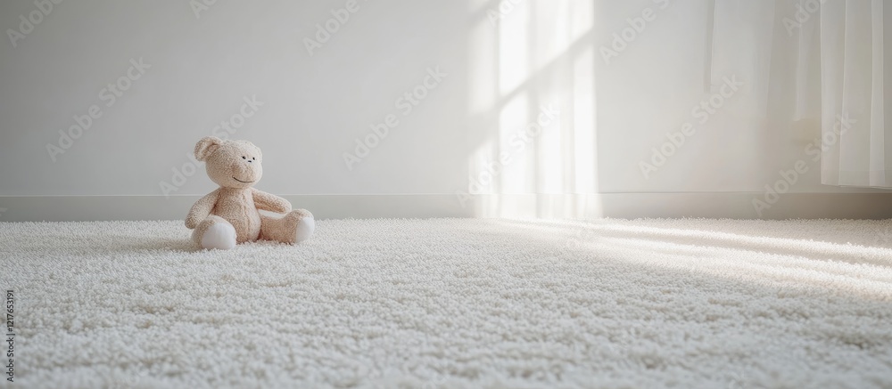 Aufkleber Minimalist Playroom with Plush White Carpet and Teddy Bear in Bright Light with Empty Space for Text Addition