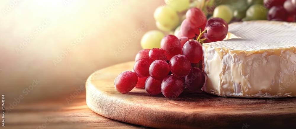Poster brie cheese and grapes arranged on a wooden cutting board with soft light and ample copy space for c