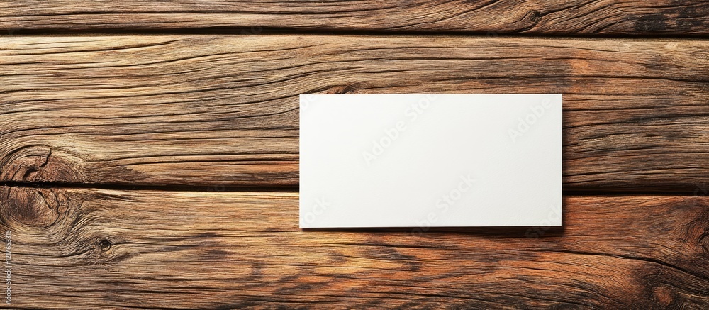 Poster Blank card on sunlit rustic wooden surface with ample space for customizable text and creative designs in a natural setting