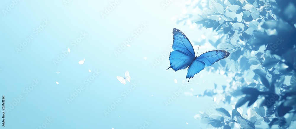 Aufkleber blue butterfly soaring against a clear sky with ample copyspace for text or branding elements