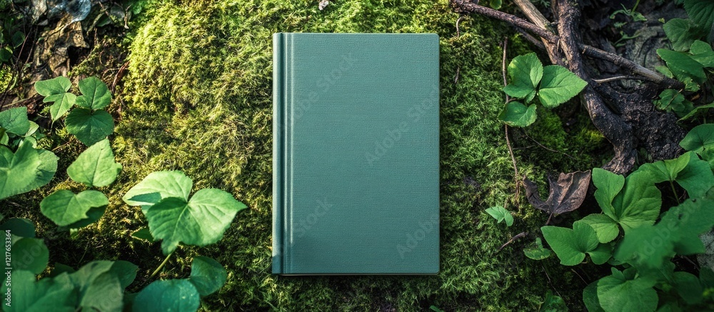 Aufkleber Green Book Cover Mockup on Moss with Empty Copyspace for Text Surrounded by Natural Elements and Foliage Ideal for Design Projects