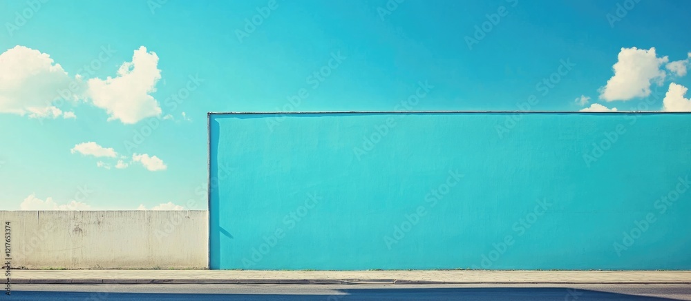 Poster blank wall with bright blue sky and clouds ideal for advertising or promotion with ample copyspace f
