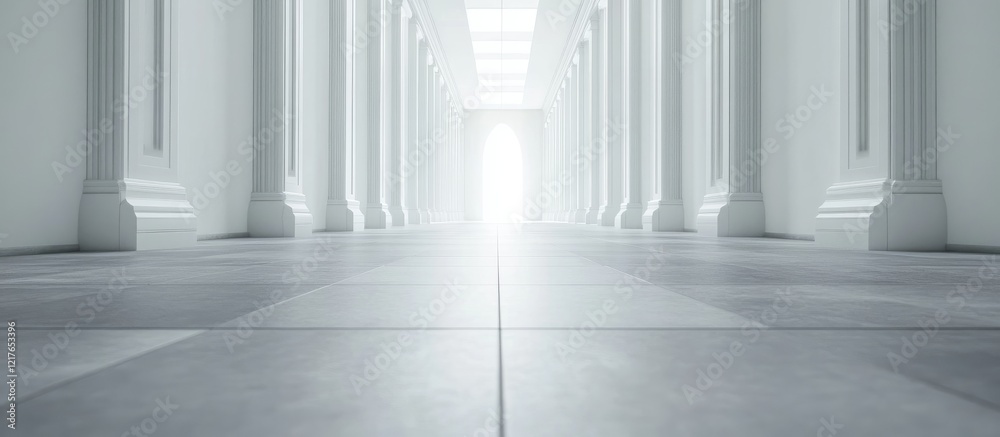 Poster modern office corridor with bright lighting and gray flooring featuring spacious empty area for cust