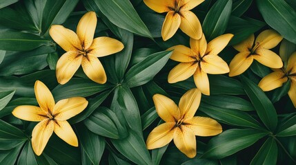 Obraz premium Floral spring background featuring vibrant yellow lilies and lush green leaves top view showcasing the beauty of nature and tranquility.
