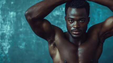 Athletic man engaging in arm stretches showcasing strength and determination in a gym setting with a textured background.