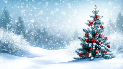 Obraz premium Christmas tree in snowy landscape with ornaments and snowfall Copy Space