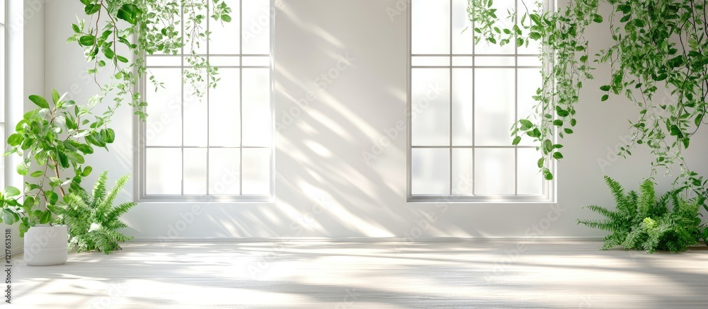 Poster bright modern office interior with large windows abundant in natural light featuring indoor plants a