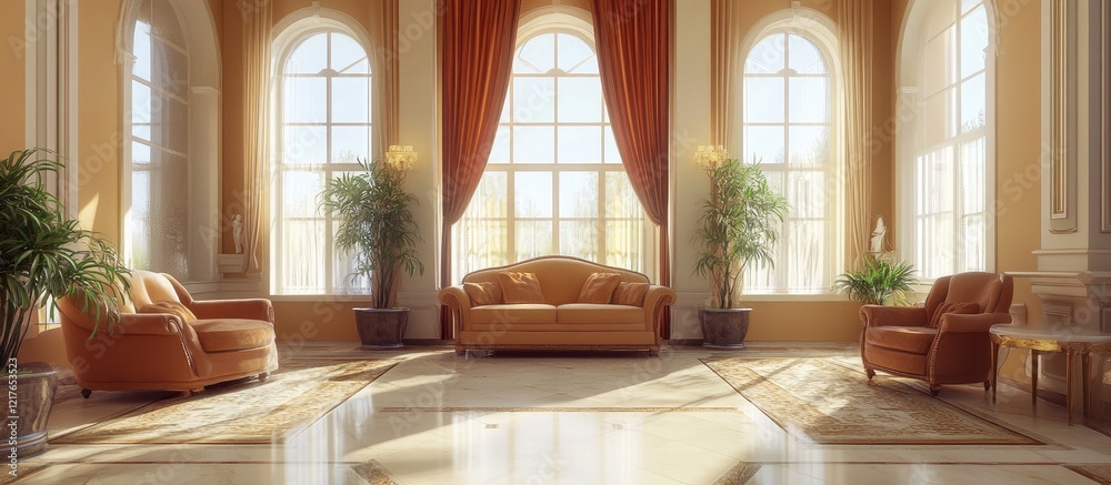 Poster cozy and inviting living room with large windows natural light and stylish seating ideal for text ov