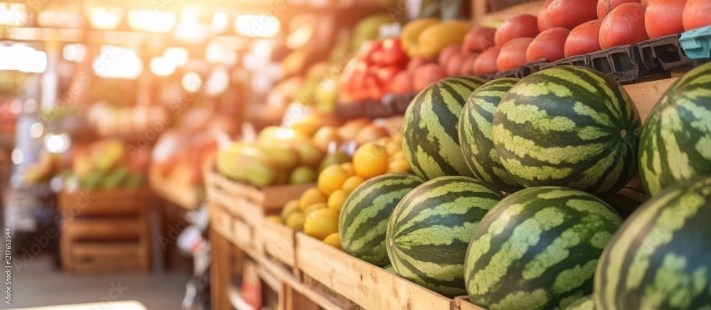 Poster Watermelon Variety Display at Fruit Stand with Abundant Fresh Produce and Empty Copyspace for Text Placement