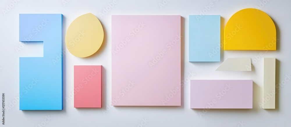 Poster Colorful Geometric Shapes on White Background with Empty Copyspace for Creative Text and Design Ideas
