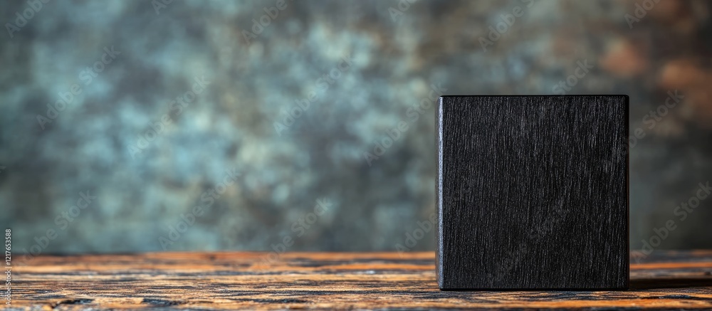 Aufkleber Black wooden cube bookend on rustic table with textured background and ample copyspace for advertising or promotional text insertion