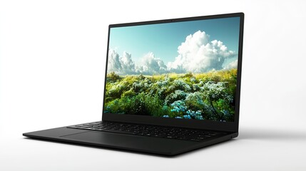Fototapeta premium Customizable laptop mockup on a clean white backdrop showcasing vibrant nature display