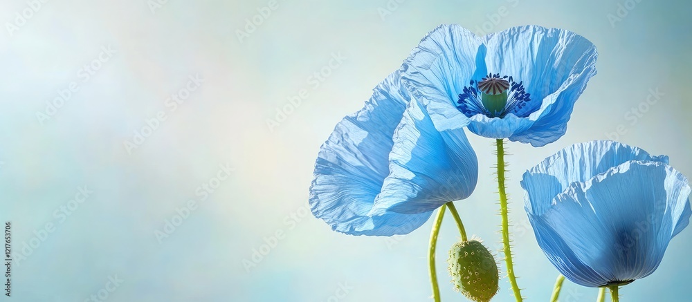 Poster Vibrant blue poppy flowers illuminated by morning light with soft background creating perfect space for text and design elements