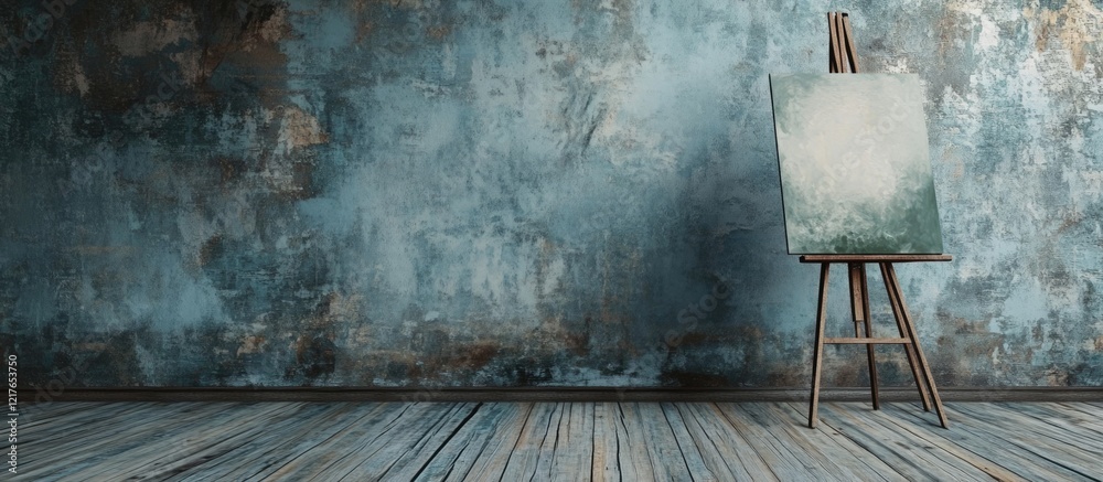 Poster inspiring blank canvas on easel set against textured wall and wooden floor ideal for artistic creati