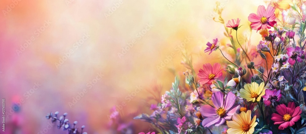 Poster Vibrant summer floral bouquet against a soft gradient background with ample space for text or branding applications