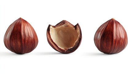 Hazelnut isolated on white background showcasing whole and cracked varieties in macro detail