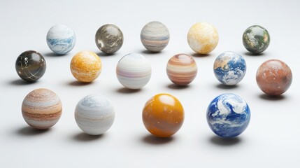 Background mockup showcasing a collection of detailed planets from the solar system on a neutral surface for design and educational use