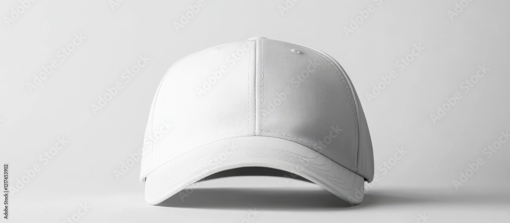 Poster White Baseball Cap Mockup Front View with Blank Embroidery Space for Custom Text Design in Minimalist Studio Setting