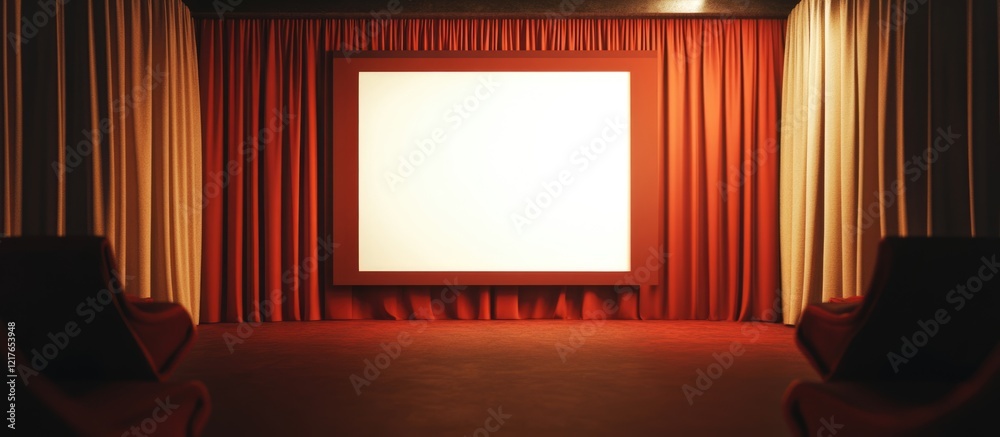 Aufkleber Blank Presentation Screen in Theatre Setting with Red Curtains and Empty Copyspace for Text or Visuals