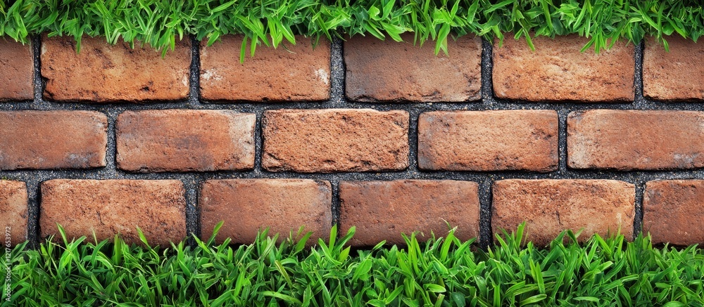 Poster brick pathway with vibrant green grass sprouting between bricks ideal for nature themed designs and 