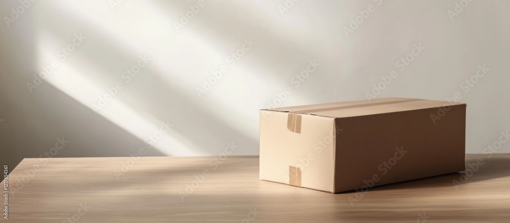 Poster Cardboard box on office table with natural light casting shadows and ample copyspace for text or branding elements