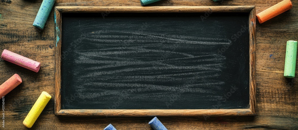 Aufkleber Blackboard on wooden table surrounded by colorful chalks featuring ample empty space for text or creative design elements