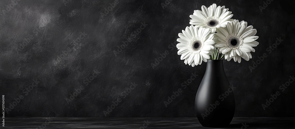 Poster elegant black vase filled with white gerbera flowers against dark background ideal for text placemen