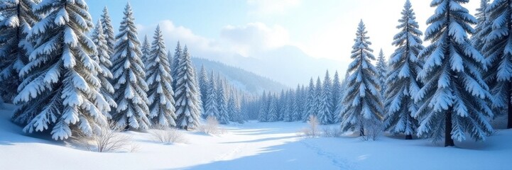 Naklejka premium Forest landscape dominated by towering snow-covered pine trees, winter, woodland snowy scenery,