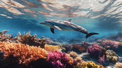 Obraz premium Colorful underwater scene with a dolphin swimming near a vibrant coral reef, showcasing marine life and ocean beauty. Ocean Grove. Illustration