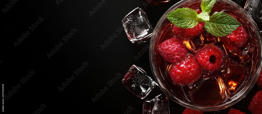 Poster Black whiskey cocktail with raspberries mint and ice cubes on a dark background featuring ample empty space for text or branding.