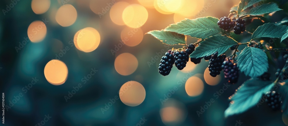 Aufkleber Blackberry leaves with vibrant bokeh lights in soft focus creating an ideal background for text and design elements