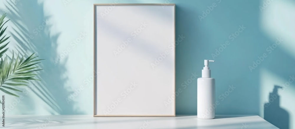 Poster Blank Canvas Frame Mockup with Body Care Product Bottle on Minimalist Background for Custom Text and Creative Designs
