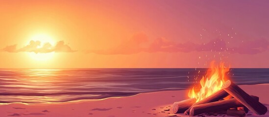 Serene beach bonfire at sunset with vibrant colors and empty space for text ideal for invitations or promotional materials.