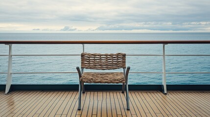 Empty woven chair on a cruise ship balcony overlooking calm ocean waters with cloudy sky and wooden deck Copy Space