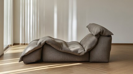 Reclining fabric sofa with a minimalist design on wooden floor featuring natural light and gentle shadows in spacious interior setting