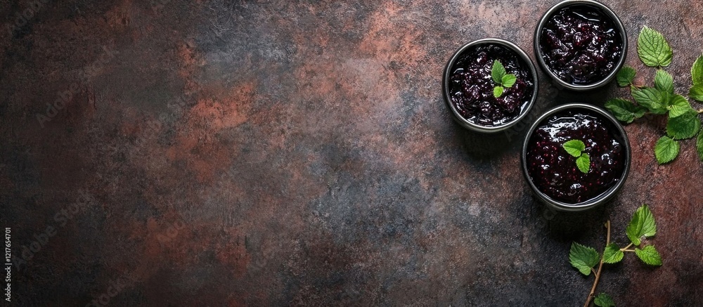Aufkleber Blackberry jam in bowls with fresh mint on a textured background featuring empty space for creative text or branding elements.