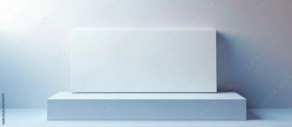 Poster Blank canvas mockup display on minimalist pedestal for customizable text and branding options in clean modern interior setting