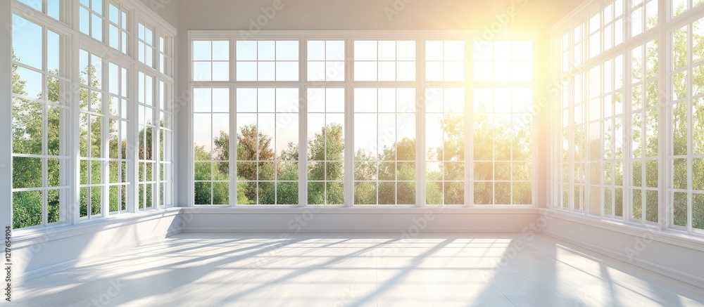 Poster Bright sunroom with large windows showcasing abundant natural light and empty space for text or design elements. Ideal for various uses.