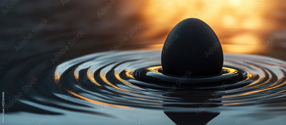 Poster elegant black easter egg surrounded by water ripples and soft sunlight with ample copyspace for crea
