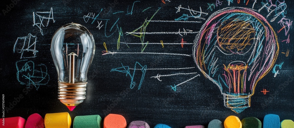 Aufkleber chalkboard background with creative light bulb doodles and colorful chalk pieces ideal for education